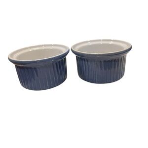 2 Emile Henry Ceramic Custard Souffle Ramekins 3.5" Blue Baking Dish Cups